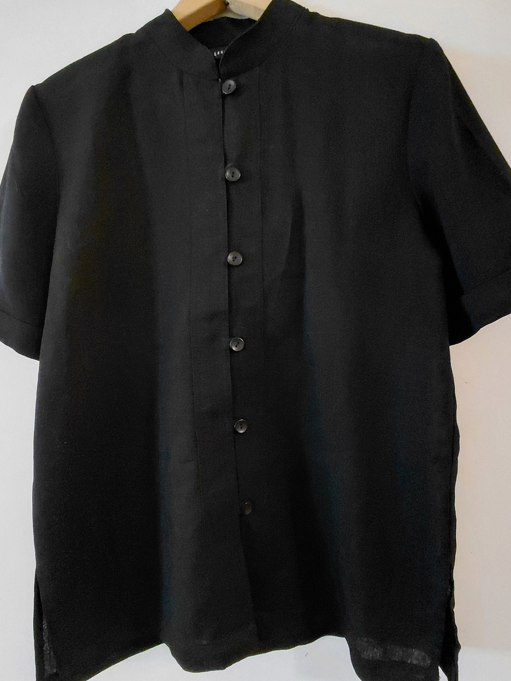 Vintage Leslie Faye Tunic Womens 12P Button Up Shoulder Pads Short Sleeves Black